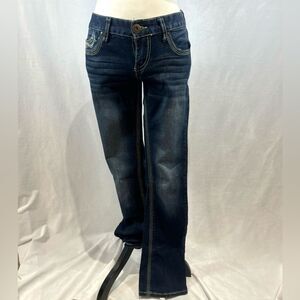 Ariya 90s Y2K low rise distressed dark wash bootcut jeans size 3/4
